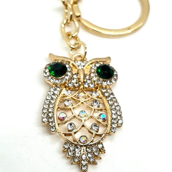 3/$30 GOLD OWL KEYCHAIN RHINESTONE CRYSTAL GREEN EYES BAG CHARM GIFT BLING NWT - Picture 4 of 10